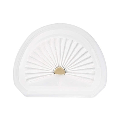 Vacuum cleaner filter, white pleated mesh with tan center, rounded triangular housing