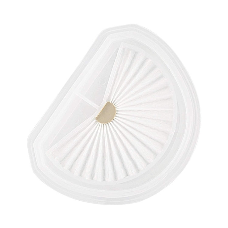 Vacuum cleaner filter, white pleated mesh with tan center disk, molded clear plastic rim