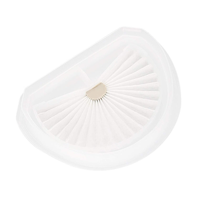Vacuum cleaner filter, white pleated fan media with tan center, compact triangular frame