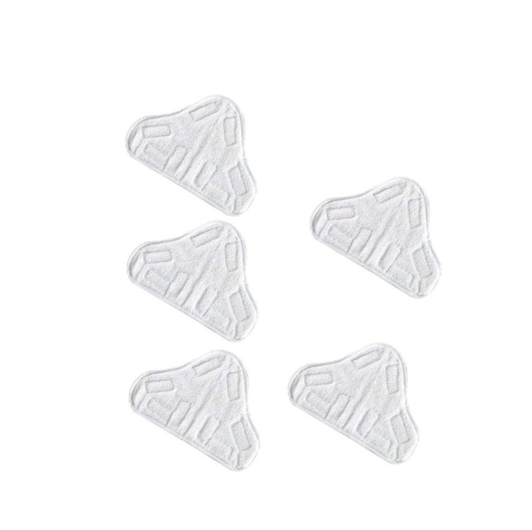 Five triangular white steam mop pads, terry cloth cleaning covers