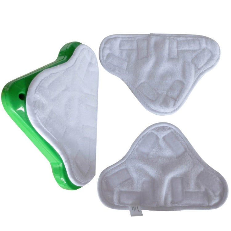 Three triangular steam mop pad covers in white, terry cloth with textured sections
