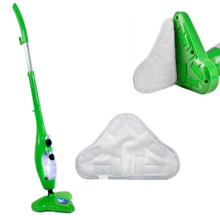 Triangular white steam mop pad cover attached to green mop base, terry cloth