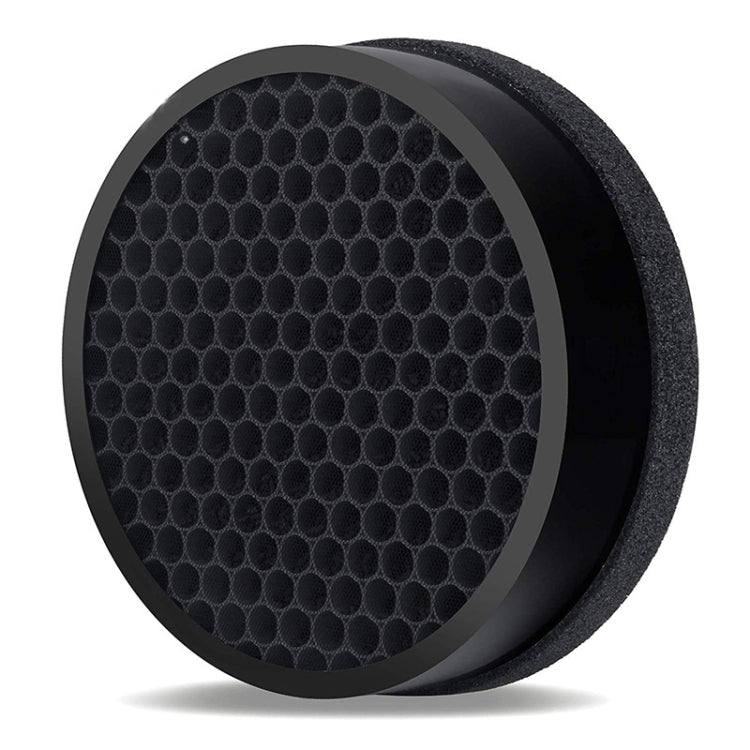 Round black foam filter with gray honeycomb mesh surface and outer ring