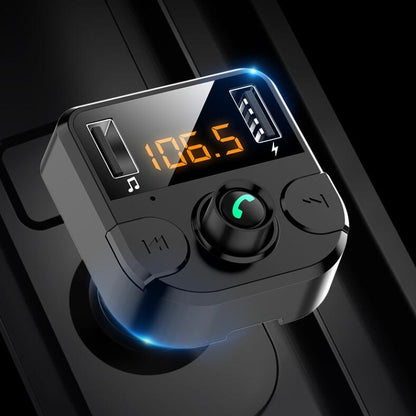 Car Bluetooth FM transmitter with MP3 playback, LCD display, and black control buttons