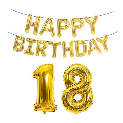 Gold Happy Birthday foil balloon banner with number 18 balloons set