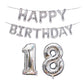 Silver Happy Birthday foil balloon banner with number 18 balloons set