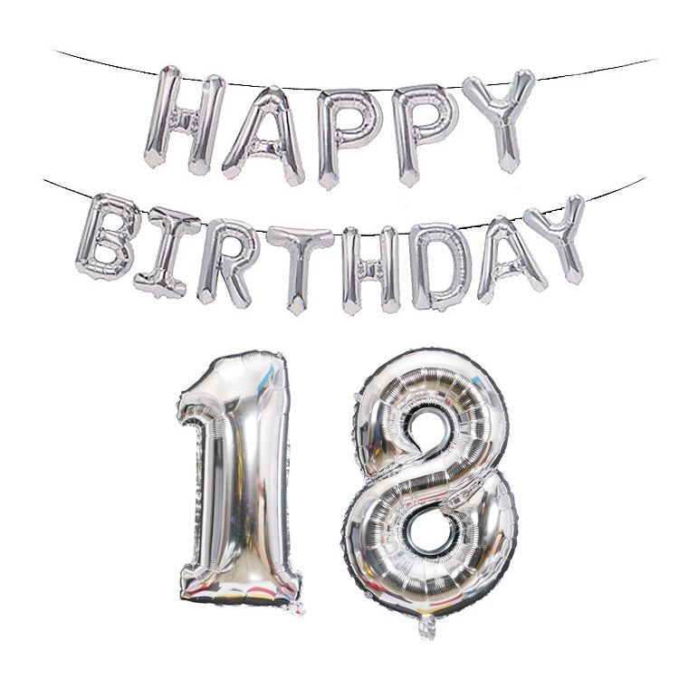 Silver Happy Birthday foil balloon banner with number 18 balloons set