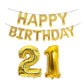Gold Happy Birthday foil balloon banner with number 21 balloons set