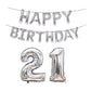 Silver Happy Birthday foil balloon banner with number 21 balloons set