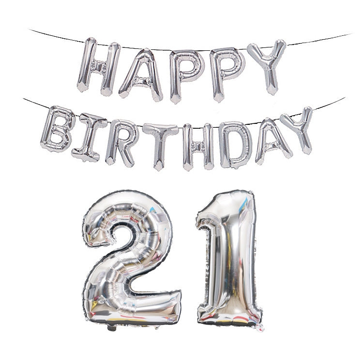 Silver Happy Birthday foil balloon banner with number 21 balloons set