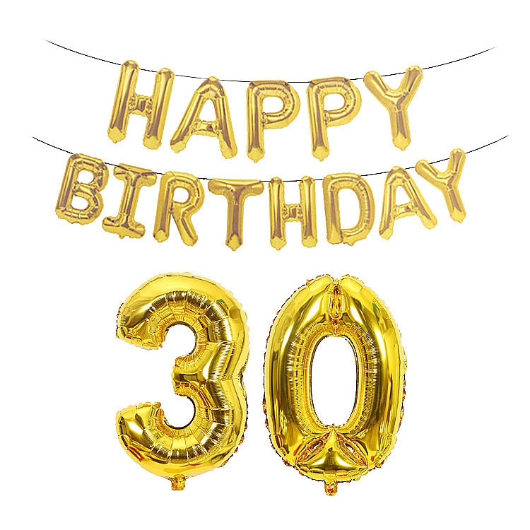 Gold Happy Birthday foil balloon banner with number 30 balloons set