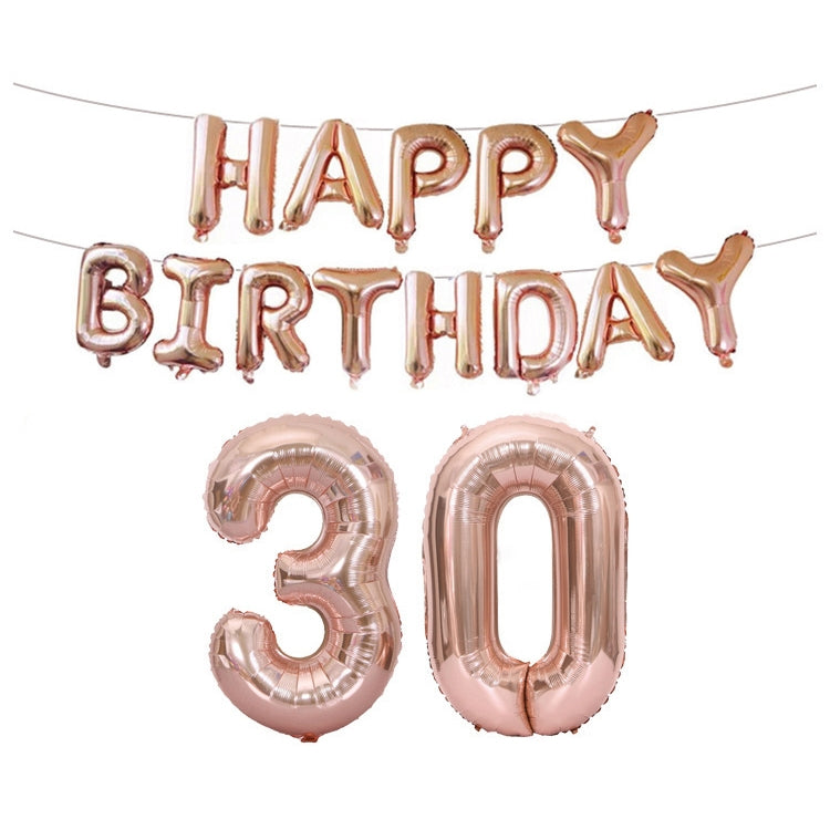 Rose gold Happy Birthday foil balloon banner with number 30 balloons set