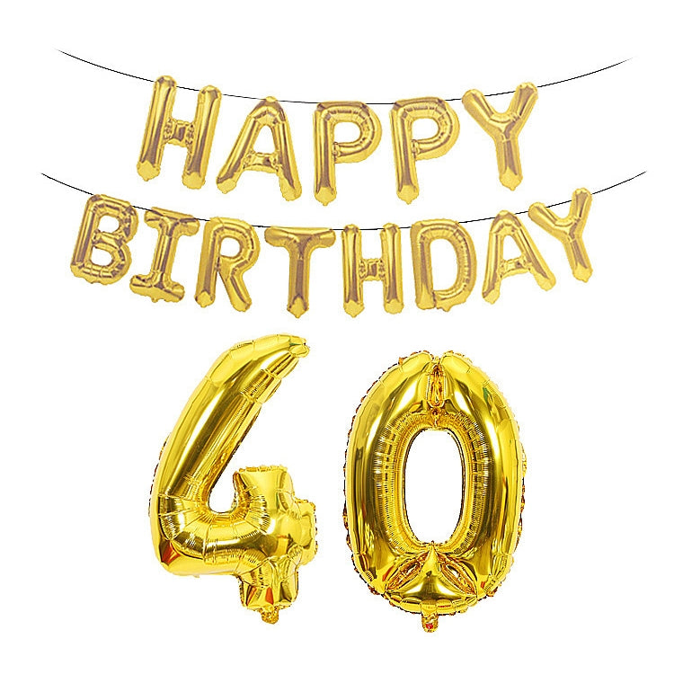 Gold Happy Birthday foil balloon banner with number 40 balloons set