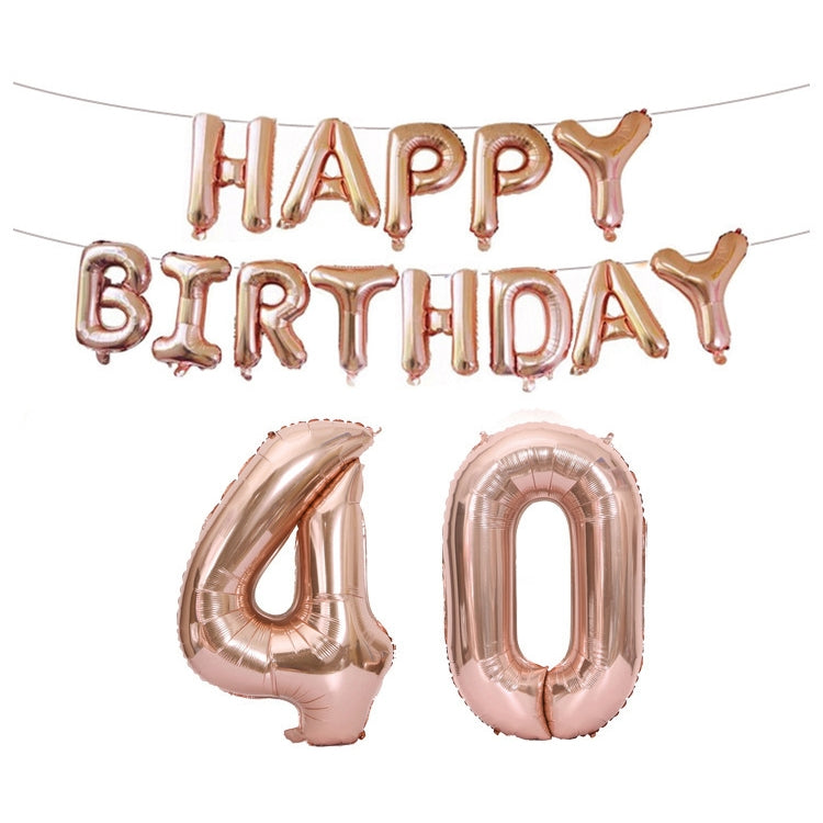 Rose gold foil number balloons 4 and 0 with 'Happy Birthday' banner