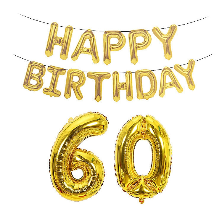 Gold foil number balloons 6 and 0 with 'Happy Birthday' banner