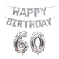 Silver foil number balloons 6 and 0 with 'Happy Birthday' banner