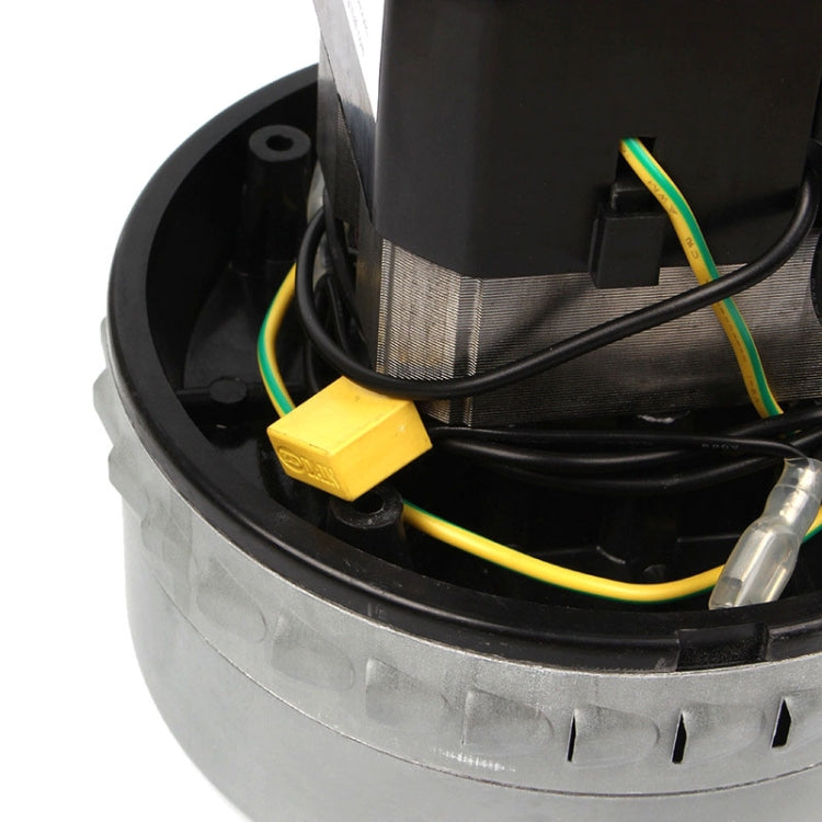 Vacuum cleaner motor with close-up of yellow capacitor and colored wire harness