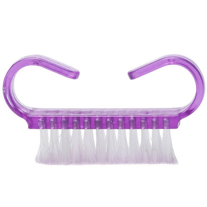 Purple angled nail cleaning brush with clear bristles and U-shaped handle