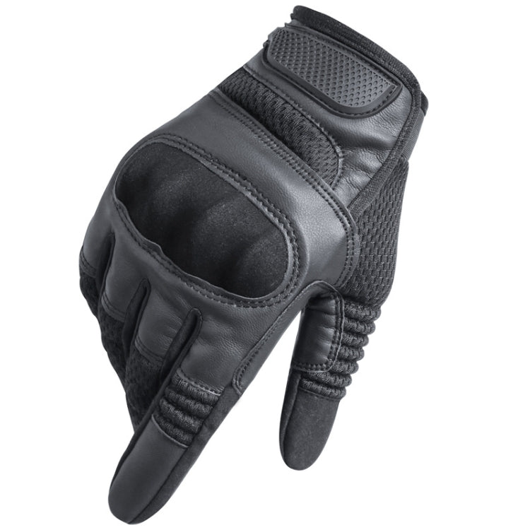 Black protective motorcycle gloves with mesh back panel and padded finger protection