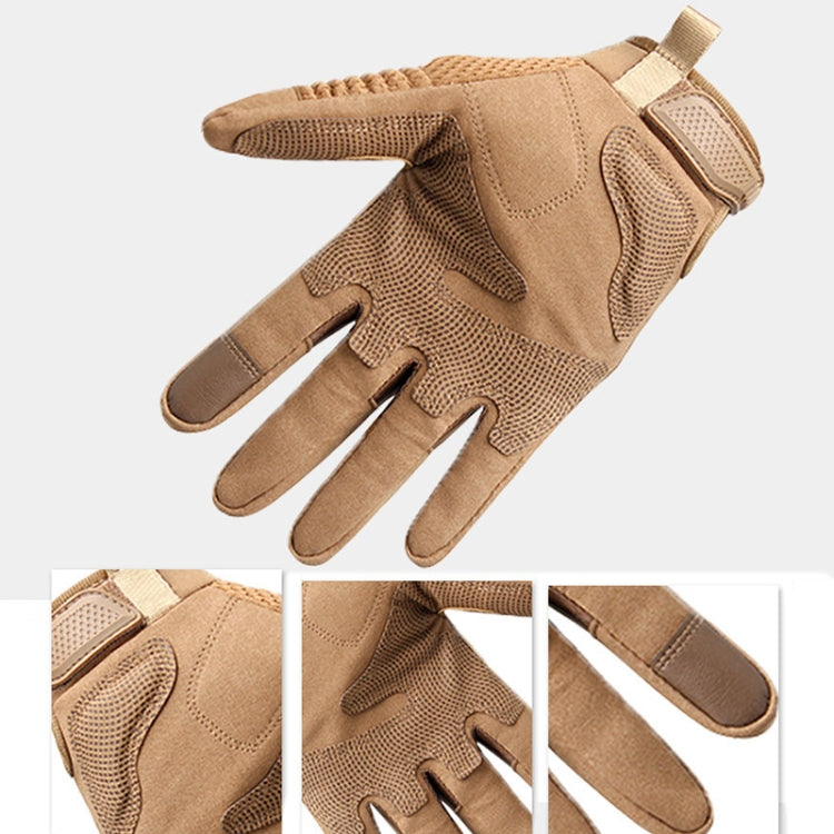 Beige outdoor gloves with knuckle padding and textured grip fingertips, wrist strap
