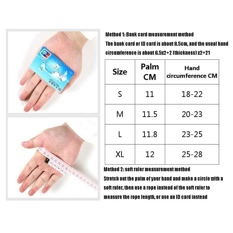 Glove size chart infographic with hand measurement guide and size table for S to XL