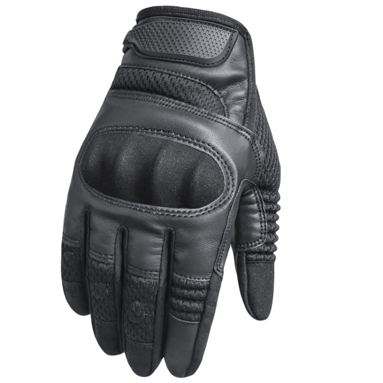 Black protective motorcycle gloves with thickened palm pad and stitched finger guards