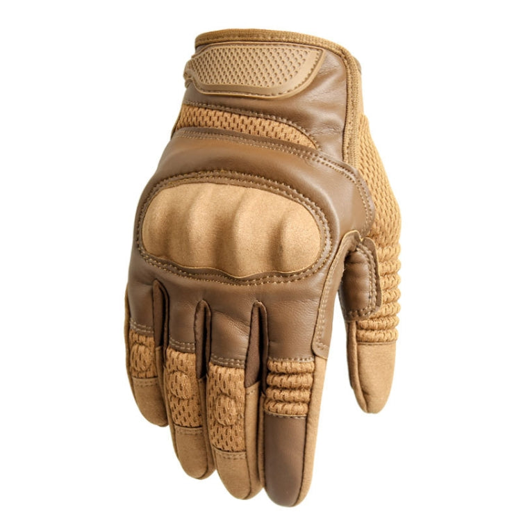 Tan protective motorcycle gloves with cushioned knuckle area and reinforced palm
