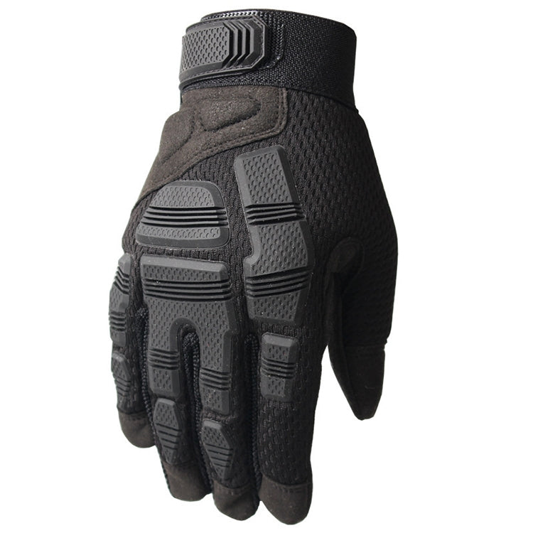 Black motorcycle gloves with padded knuckle guards and rugged textured back panels