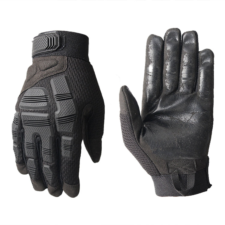 Black motorcycle gloves with padded knuckles and textured grip panels, protective style