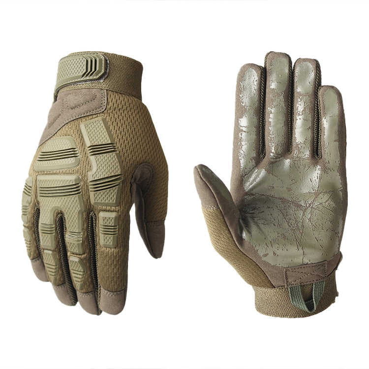 Motorcycle gloves pair in army green, knuckle armor on back and textured palm grip