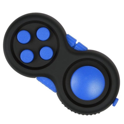 Blue and black stress relief hand pad toy with four blue buttons and grip handle.