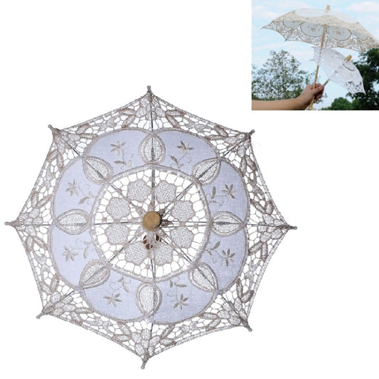 Lace bridal umbrella with white floral lace panels and wooden center cap