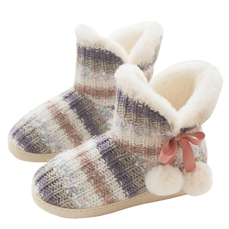 Multicolor knit home boots slippers with plush cuff and pink bow, thick sole