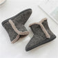 Men's high-top slippers, dark gray textured fabric with beige sherpa trim and flat platform sole