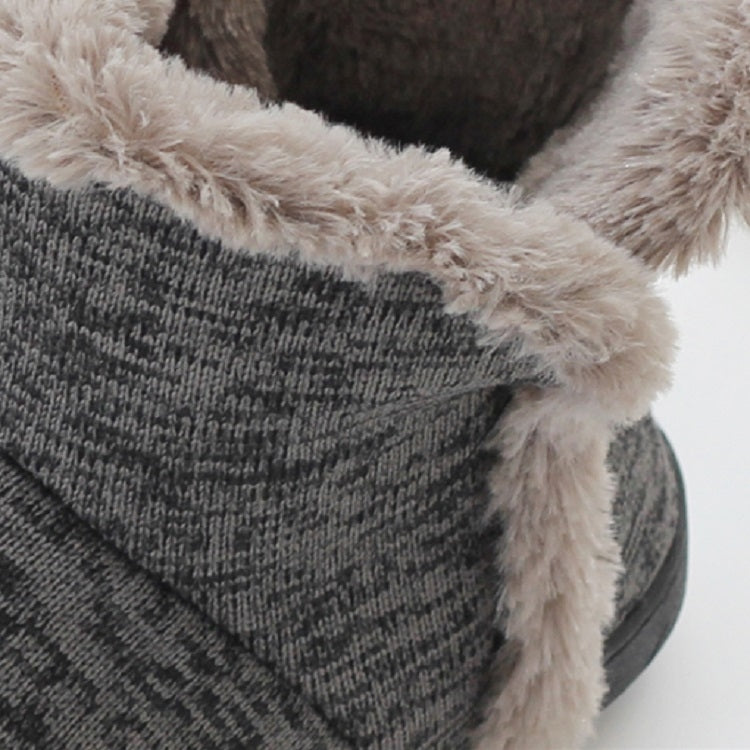 Close-up of men's high-top slippers: dark gray knit fabric with beige sherpa edge trim