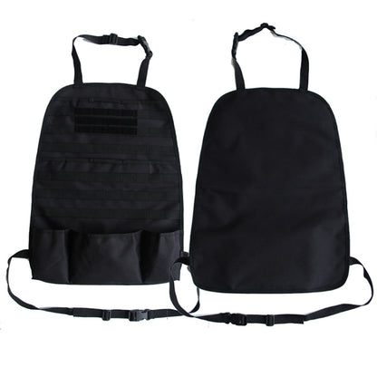Black car seat back storage hanging bag with front pocket panels and straps