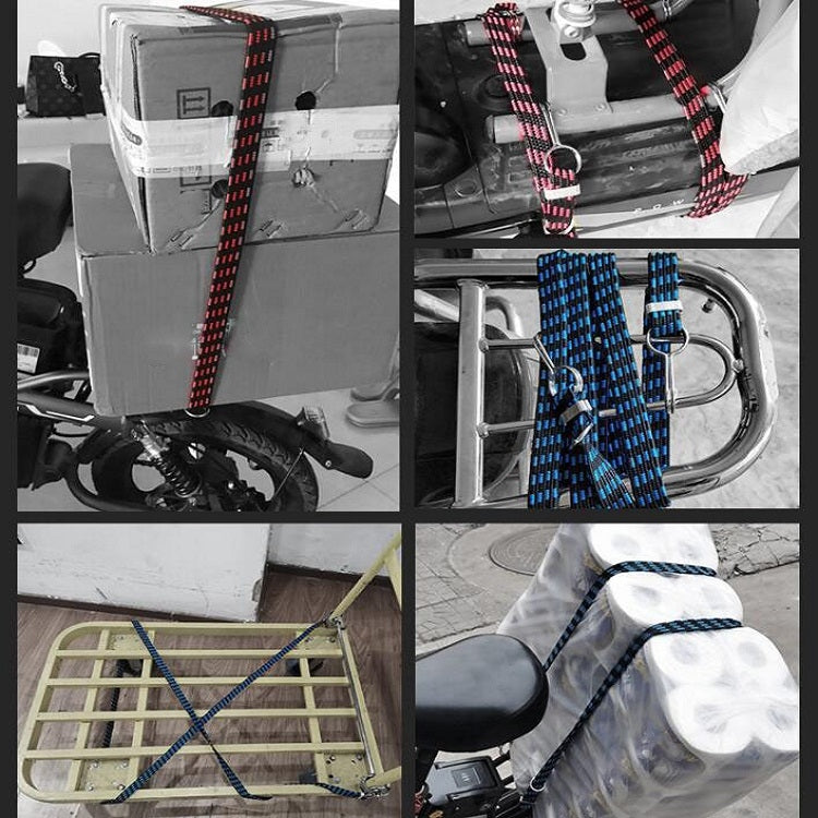 Elastic luggage binding rope securing cargo, red-and-black strap with metal clips