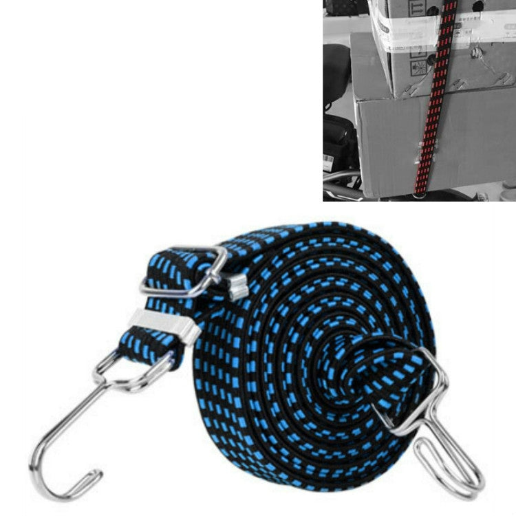 Blue elastic luggage tie-down strap, rolled coiled rope with metal end hooks