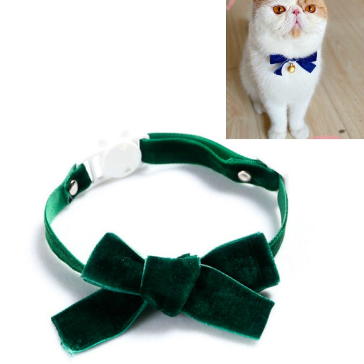Velvet pet collar with green bowknot and adjustable strap, no bell.