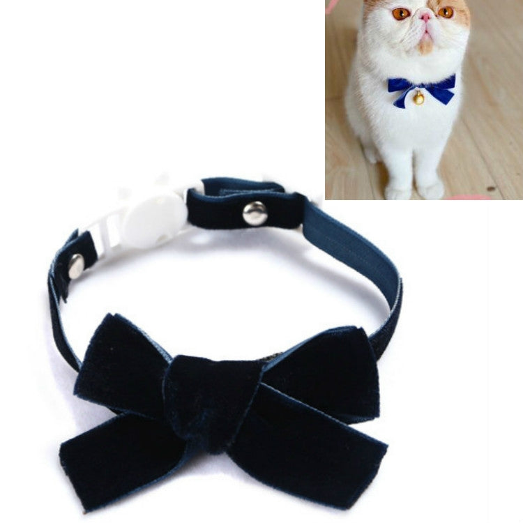 Velvet pet collar with dark navy bowknot and adjustable strap, no bell.