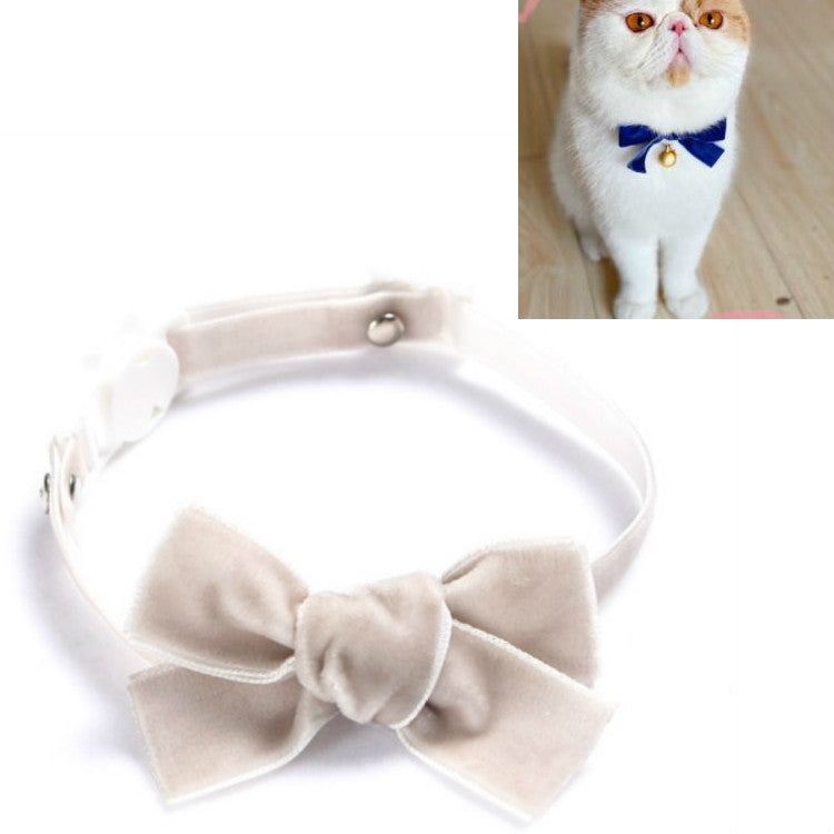 Velvet pet collar with beige bowknot and adjustable strap, no bell.