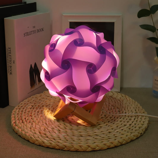 Purple USB bedside night light with wood base, round paper-flower shade, glowing