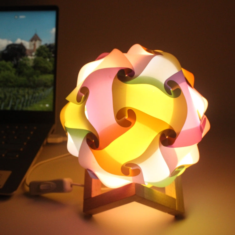 Multicolor USB bedside night light with wood base, round paper-flower shade, glowing