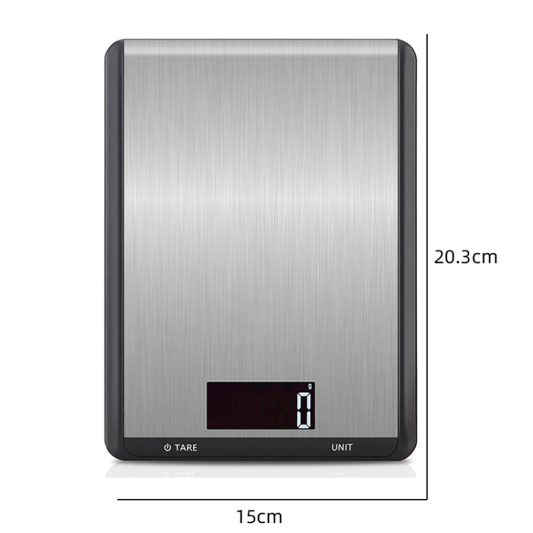 Square digital kitchen scale with brushed stainless surface and dark LCD weight display