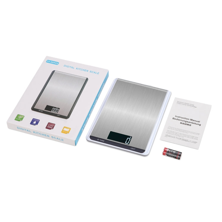Digital kitchen scale set with stainless platform, retail box, and instruction papers