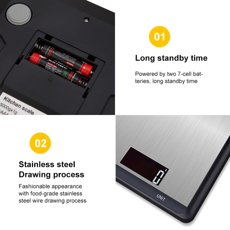 Digital kitchen scale back panel showing battery compartment and stainless housing