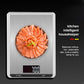 Digital kitchen scale with salmon pieces on a plate and LCD reading shown