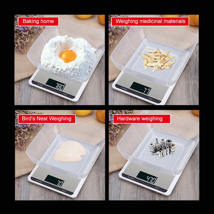 Digital kitchen scale with transparent bowls of ingredients and LCD weight readings
