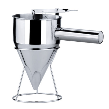 Stainless steel tapered funnel with side drain spout and metal stand