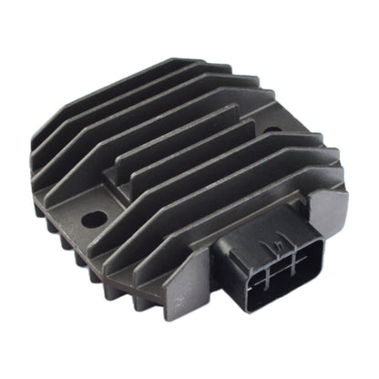 Motorcycle rectifier regulator with black finned heatsink and multi-pin plug